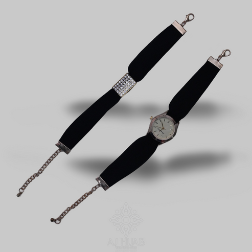 BLACK Georgette Hijab + Watch + Bracelet + Gift Sett