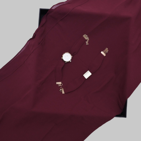 MAHROON Georgette Hijab + Watch + Bracelet + Gift Sett