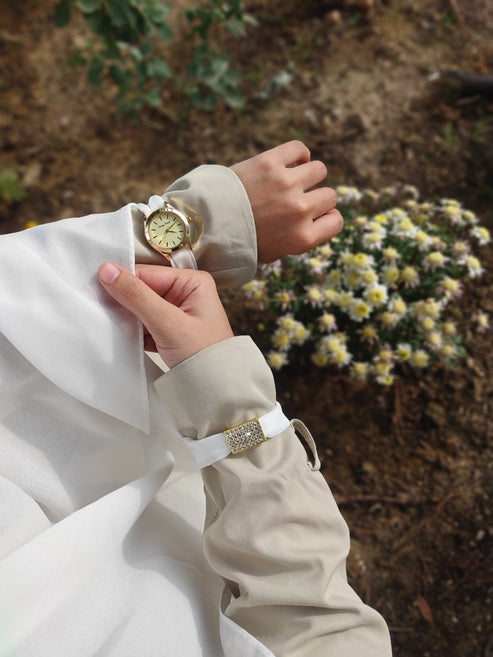 WHITE Georgette Hijab + Watch + Bracelet + Gift Sett